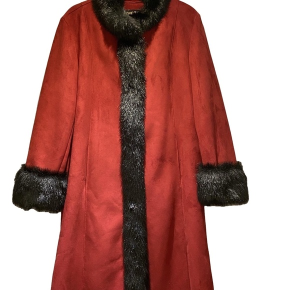 Vintage Y2K NOVELTI Red Faux Suede Faux Fur Trim Longline Penny Lane Coat L - Picture 2 of 12